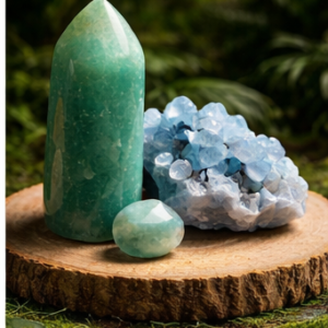 Pierre naturelle d’amazonite polie verte avec cristaux bleus de célestine sur socle en bois