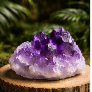 Pierre naturelle d’améthyste brute violette posée sur un socle en bois