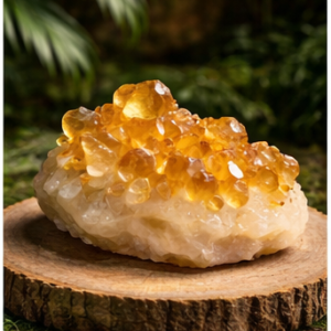 Pierre naturelle citrine brute jaune posée sur un socle en bois