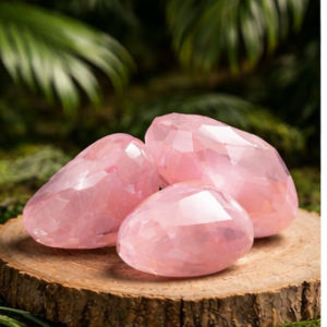 Pierre de quartz rose brut naturel présentée sur un socle en bois