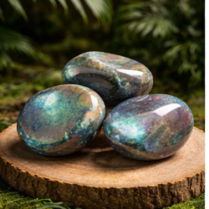Pierres naturelles de labradorite polie aux reflets bleus et verts sur socle en bois